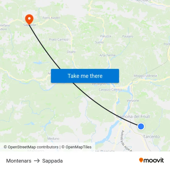 Montenars to Sappada map