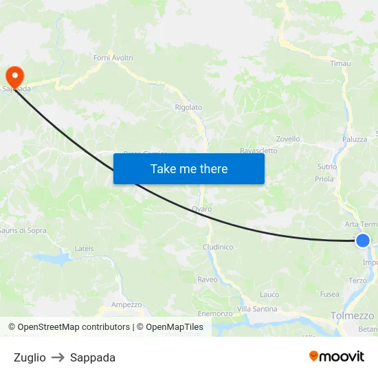 Zuglio to Sappada map