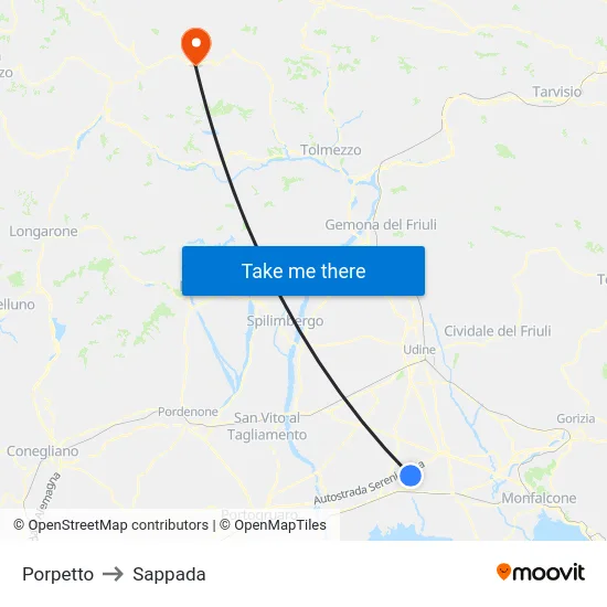 Porpetto to Sappada map