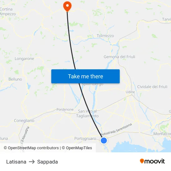 Latisana to Sappada map