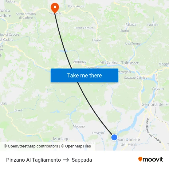 Pinzano Al Tagliamento to Sappada map