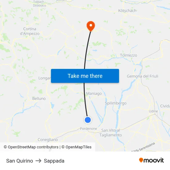 San Quirino to Sappada map