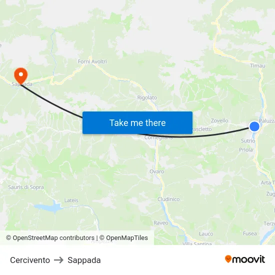 Cercivento to Sappada map