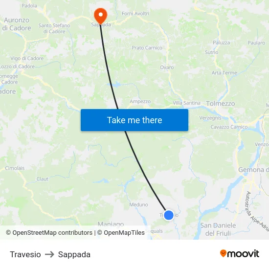 Travesio to Sappada map