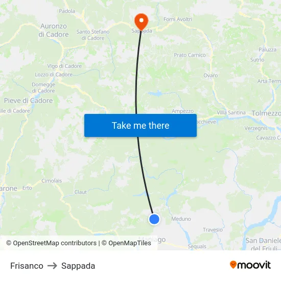 Frisanco to Sappada map