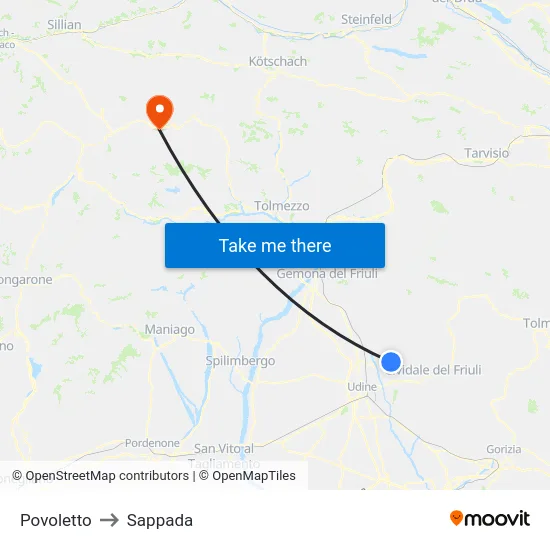 Povoletto to Sappada map