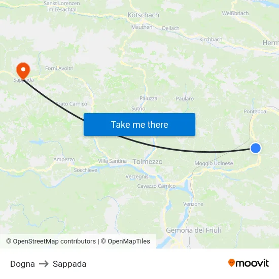 Dogna to Sappada map