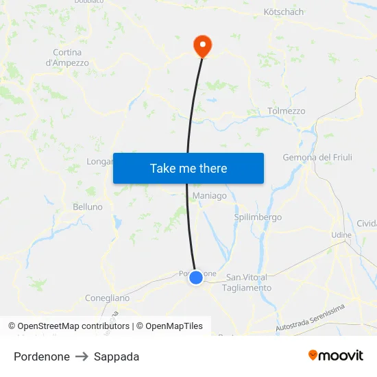 Pordenone to Sappada map