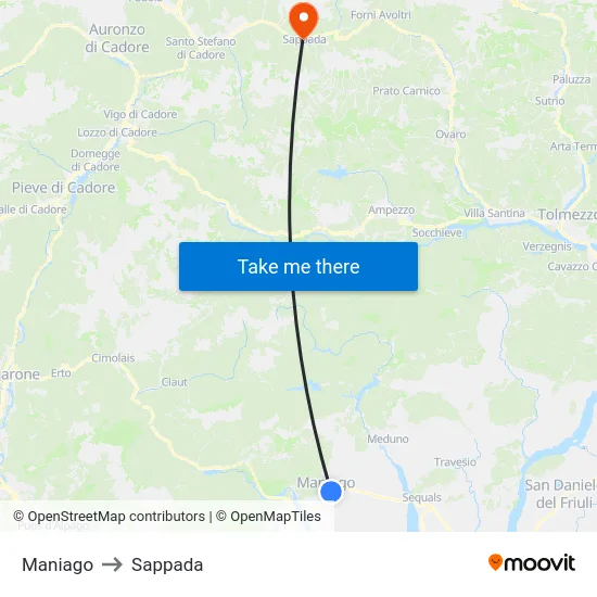Maniago to Sappada map