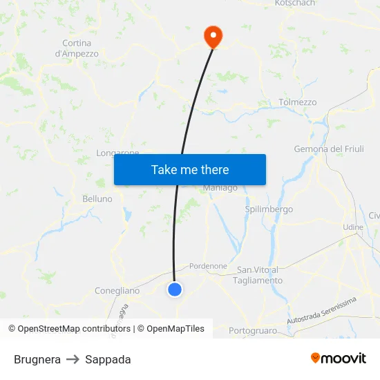 Brugnera to Sappada map