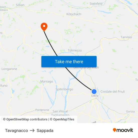 Tavagnacco to Sappada map