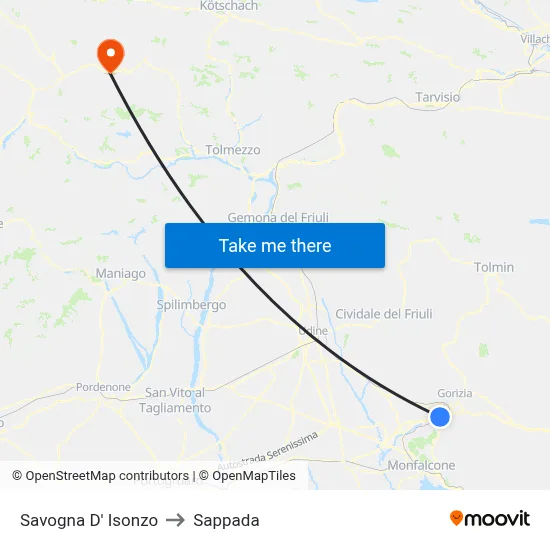 Savogna D' Isonzo to Sappada map