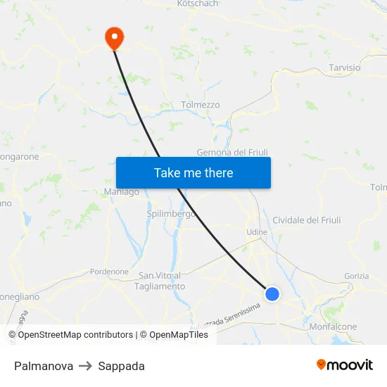 Palmanova to Sappada map