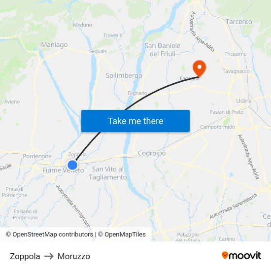 Zoppola to Moruzzo map