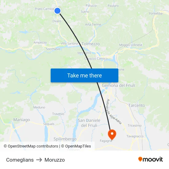 Comeglians to Moruzzo map