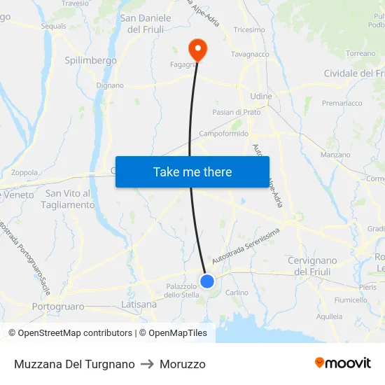 Muzzana Del Turgnano to Moruzzo map