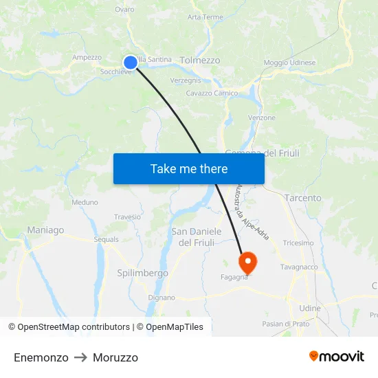 Enemonzo to Moruzzo map