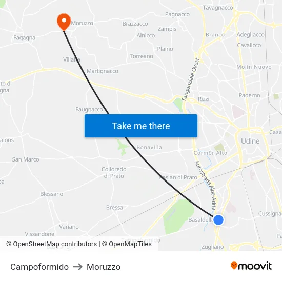 Campoformido to Moruzzo map