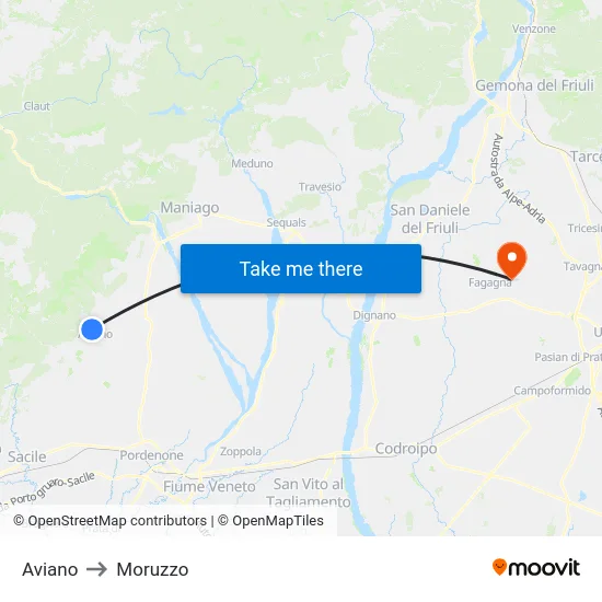 Aviano to Moruzzo map
