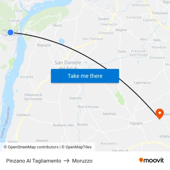 Pinzano Al Tagliamento to Moruzzo map