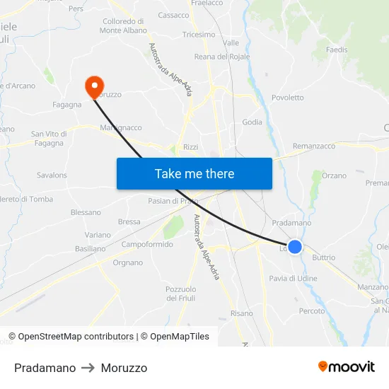 Pradamano to Moruzzo map