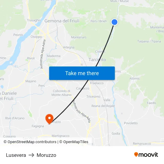 Lusevera to Moruzzo map