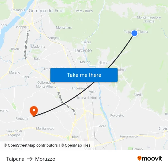 Taipana to Moruzzo map