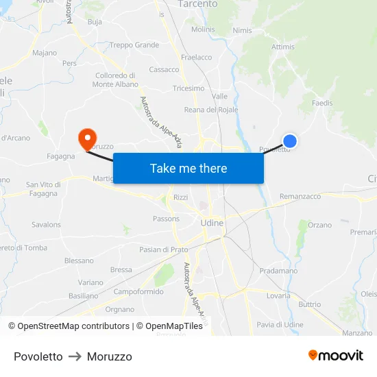 Povoletto to Moruzzo map