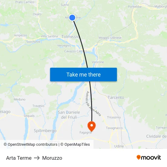 Arta Terme to Moruzzo map