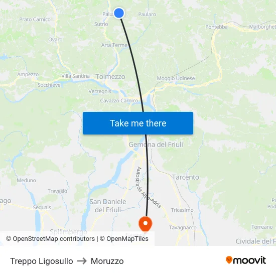Treppo Ligosullo to Moruzzo map