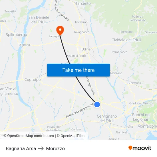 Bagnaria Arsa to Moruzzo map