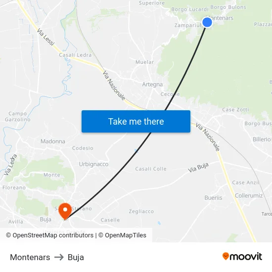 Montenars to Buja map