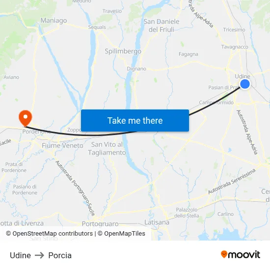 Udine to Porcia map