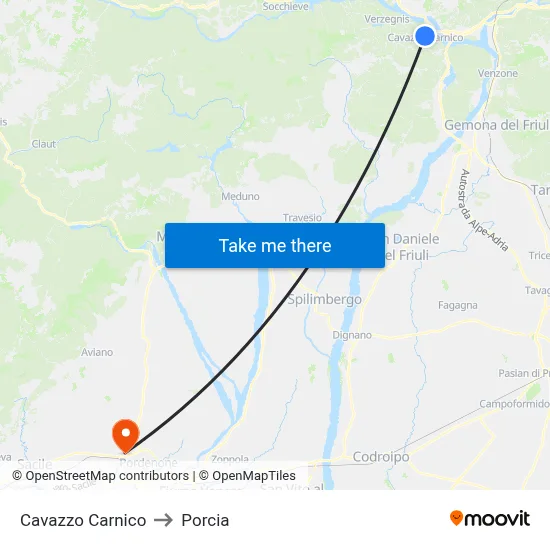 Cavazzo Carnico to Porcia map
