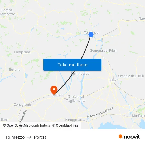 Tolmezzo to Porcia map