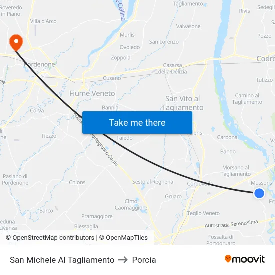 San Michele al Tagliamento to Porcia map
