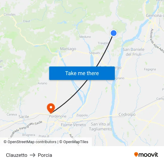 Clauzetto to Porcia map
