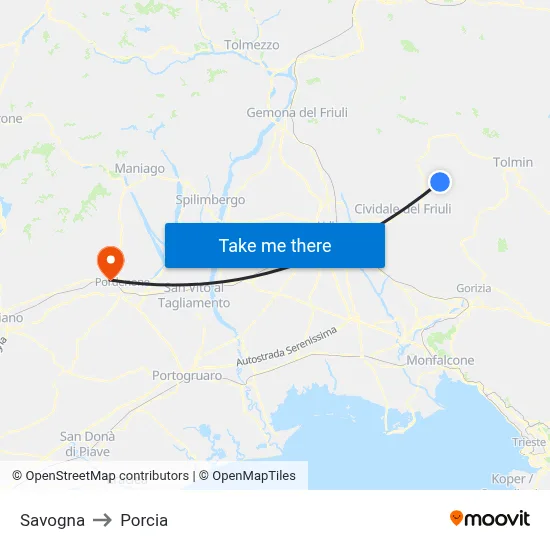 Savogna to Porcia map