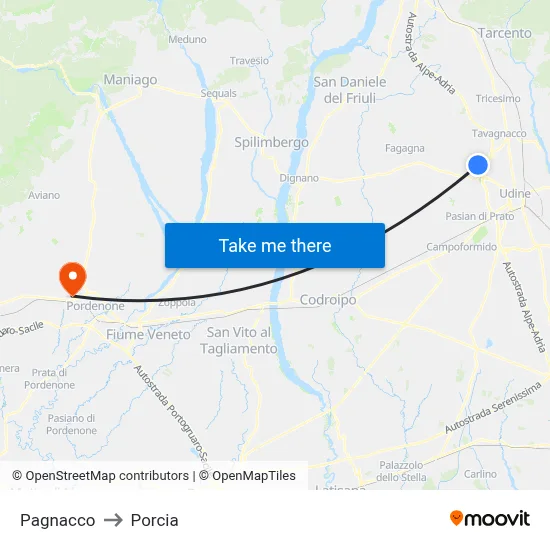Pagnacco to Porcia map