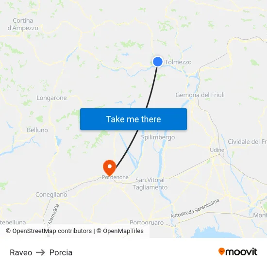 Raveo to Porcia map