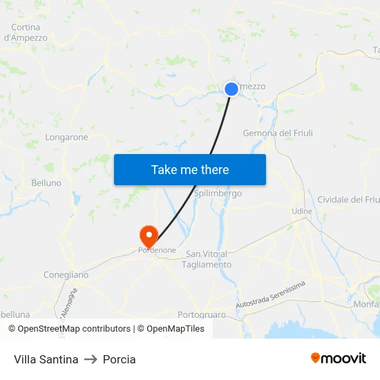 Villa Santina to Porcia map