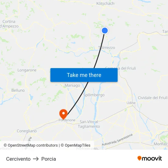 Cercivento to Porcia map