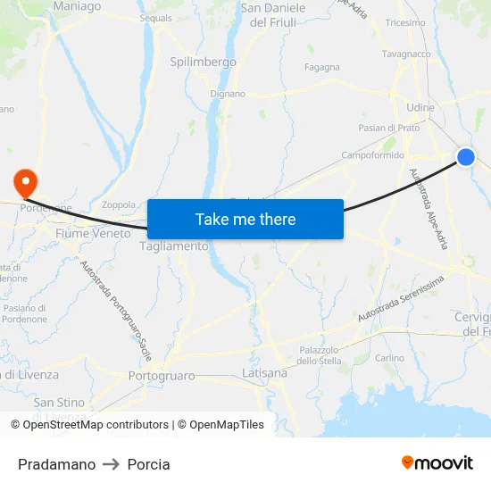 Pradamano to Porcia map