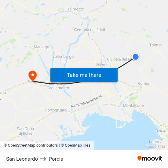 San Leonardo to Porcia map