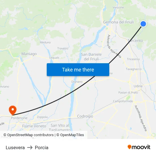 Lusevera to Porcia map