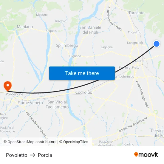 Povoletto to Porcia map