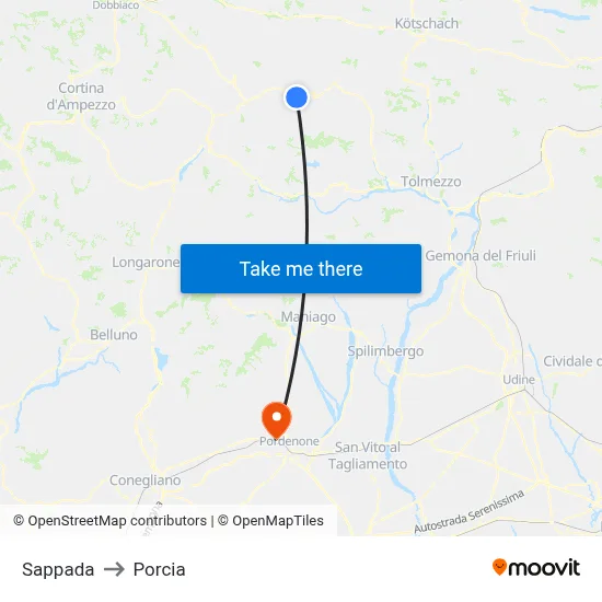 Sappada to Porcia map