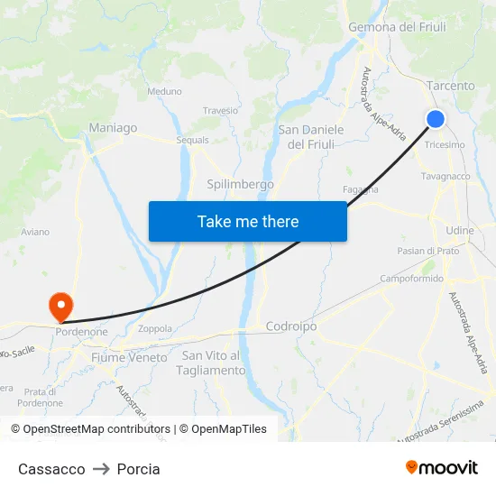 Cassacco to Porcia map