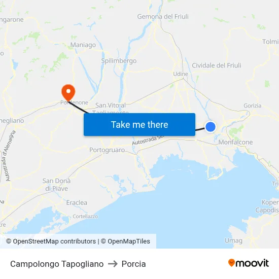 Campolongo Tapogliano to Porcia map