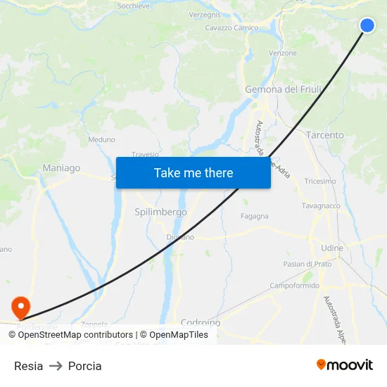 Resia to Porcia map